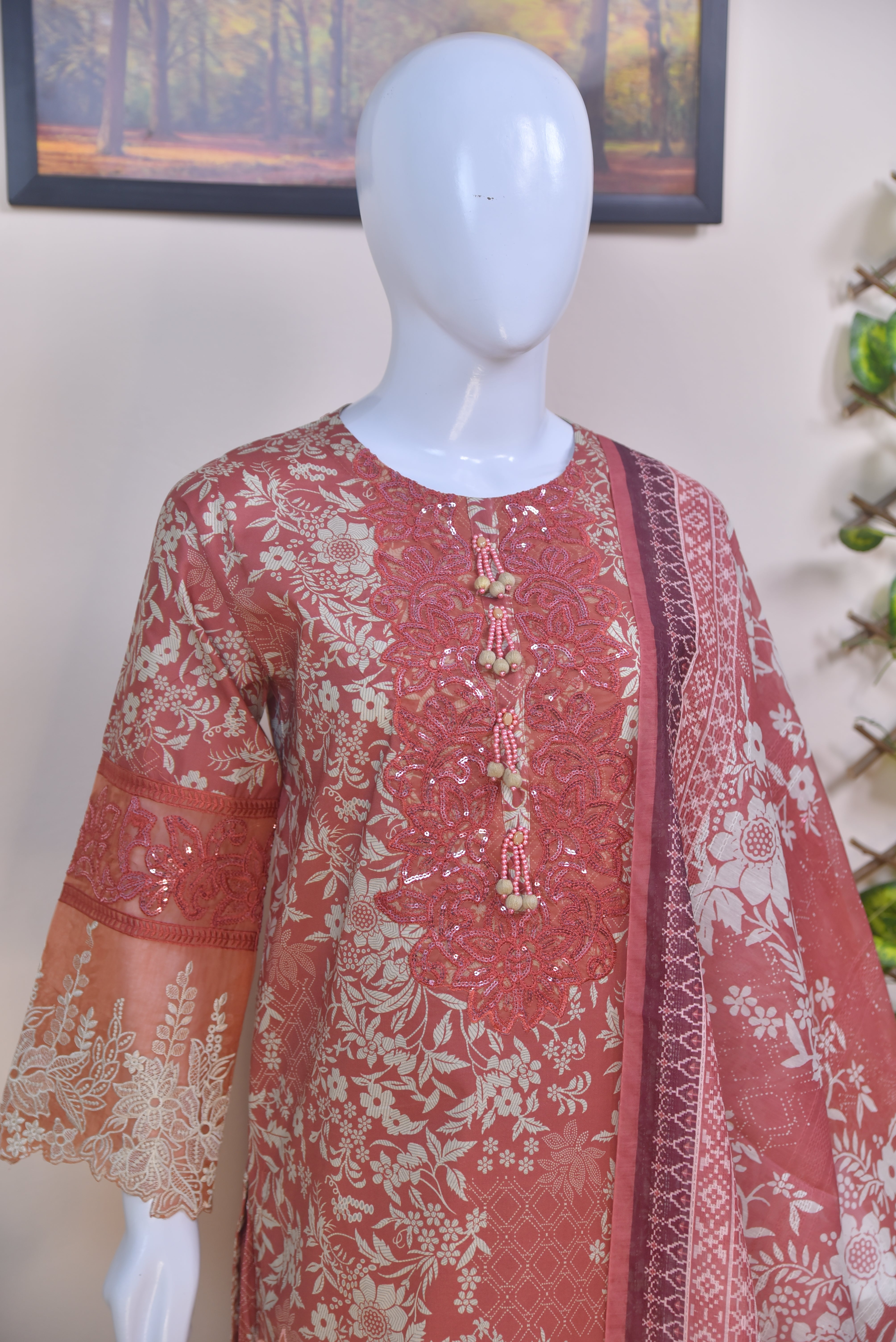 Luxury Embroidered Cotton 3-Piece Peach Suit
