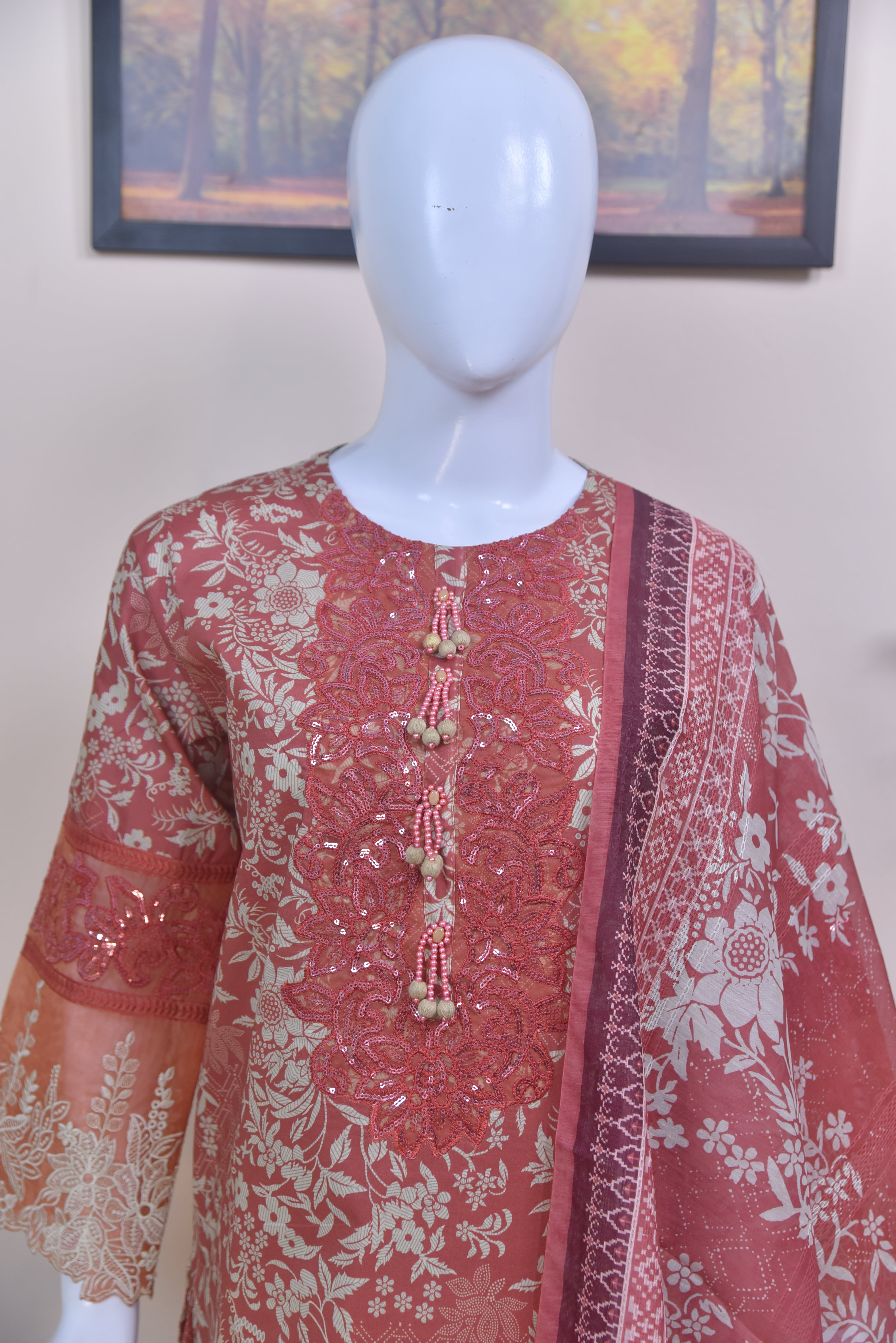 Luxury Embroidered Cotton 3-Piece Peach Suit