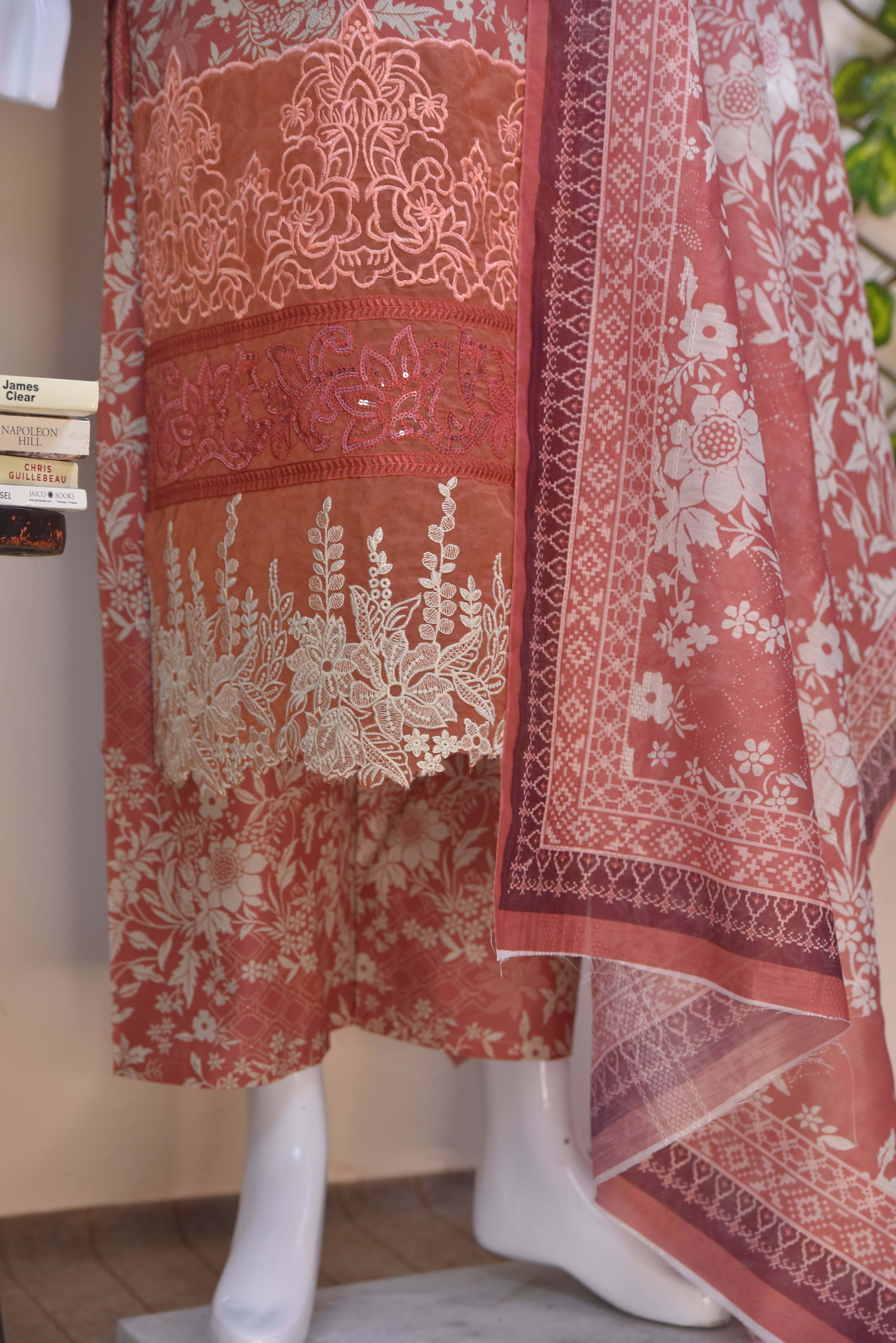 Luxury Embroidered Cotton 3-Piece Peach Suit