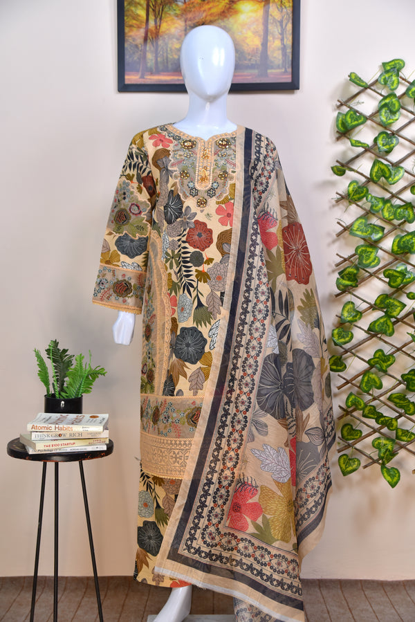 PREMIUM DIGITAL PRINTED COTTON 3PC WITH EMBROIDERED DETAILS
