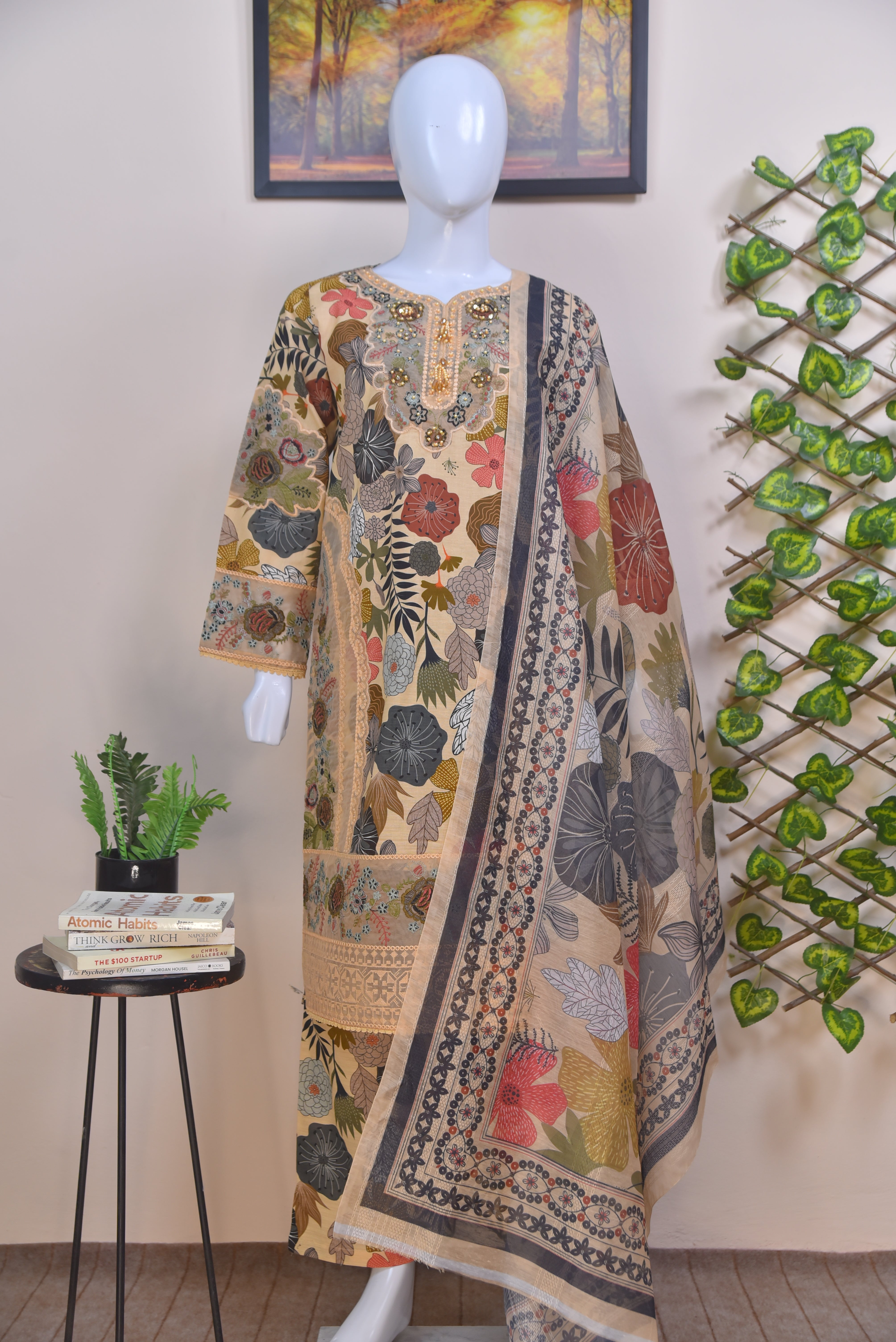 Digital Printed Cotton 3-Piece Suit with Embroidered Detailing
