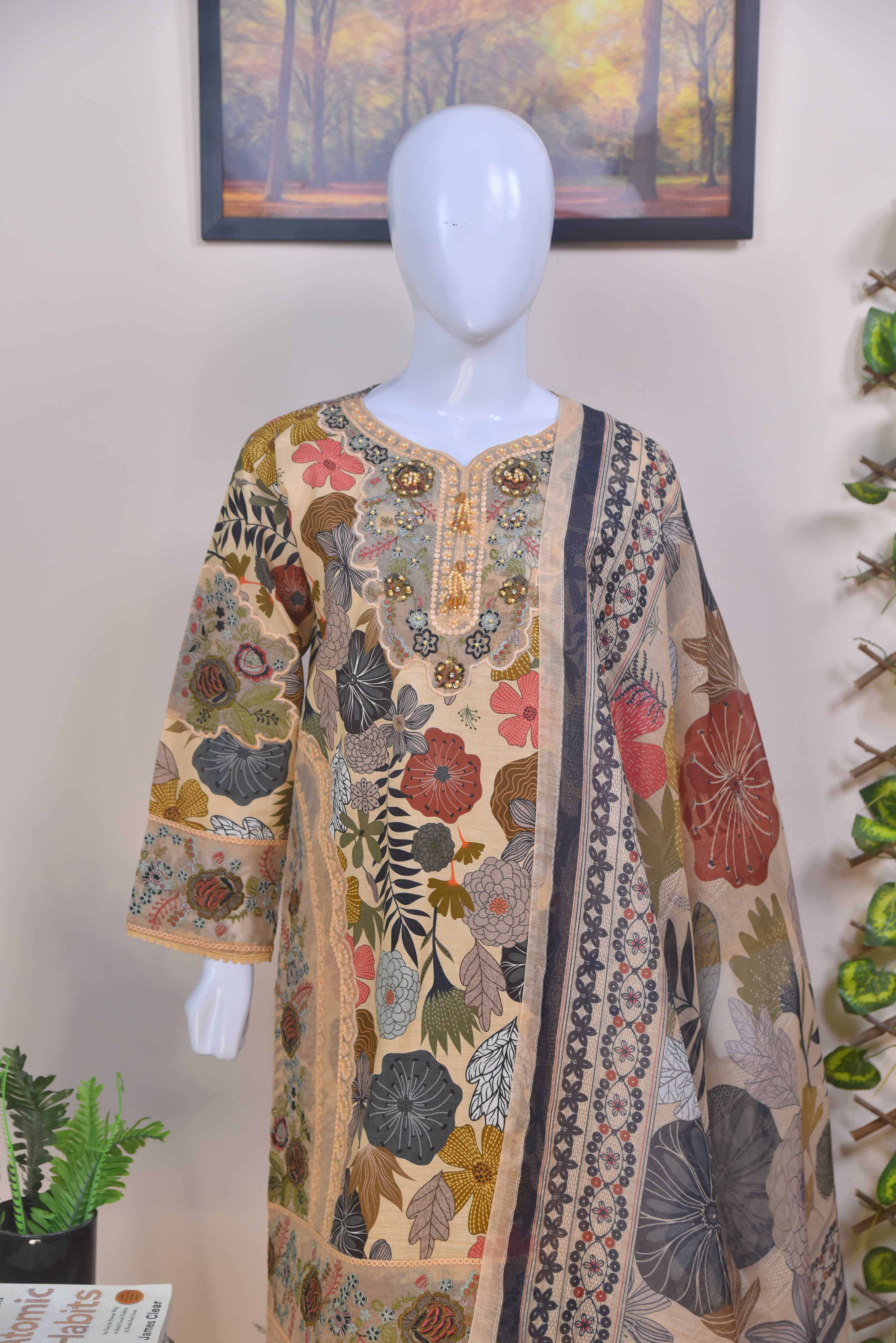 Digital Printed Cotton 3-Piece Suit with Embroidered Detailing