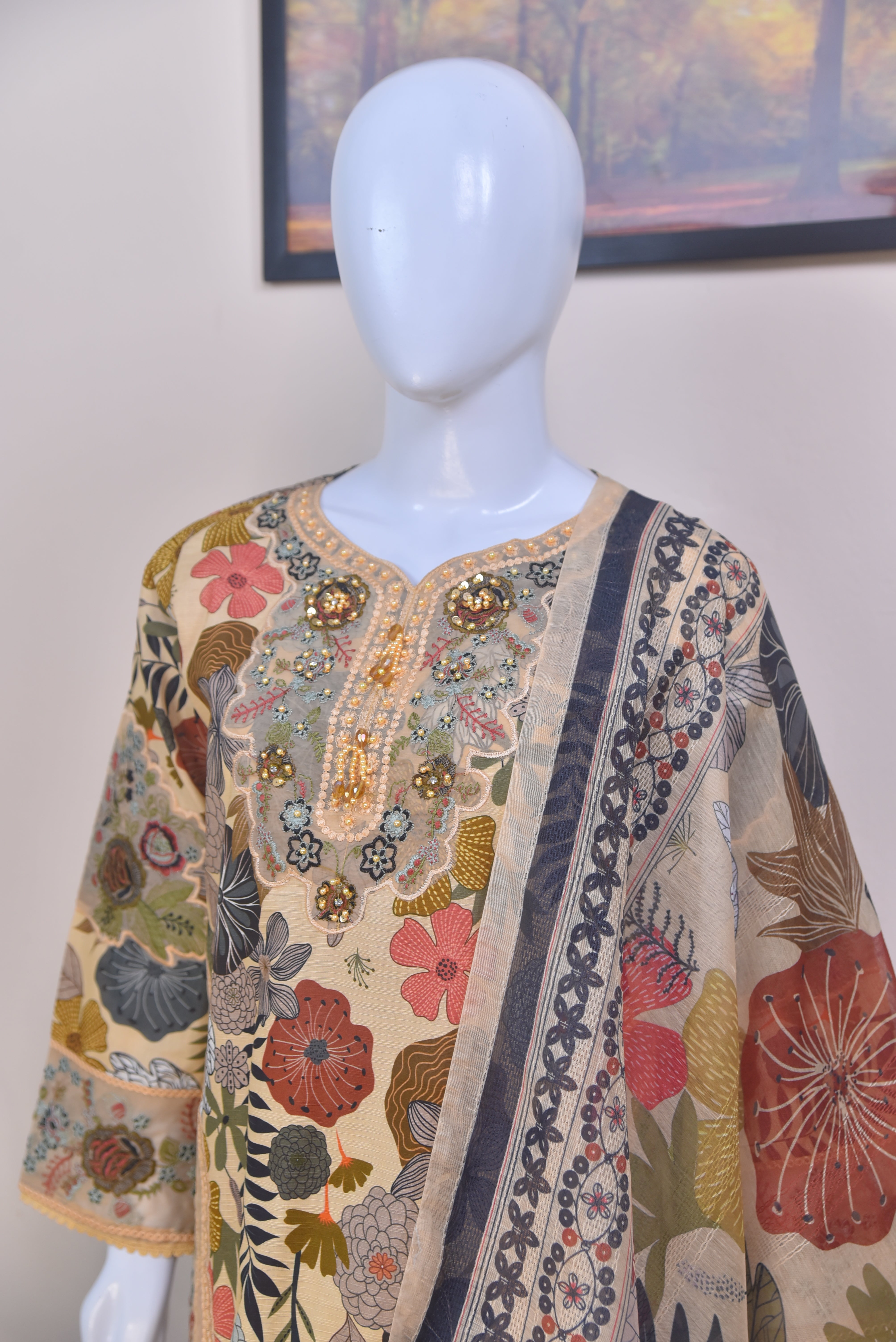 Digital Printed Cotton 3-Piece Suit with Embroidered Detailing