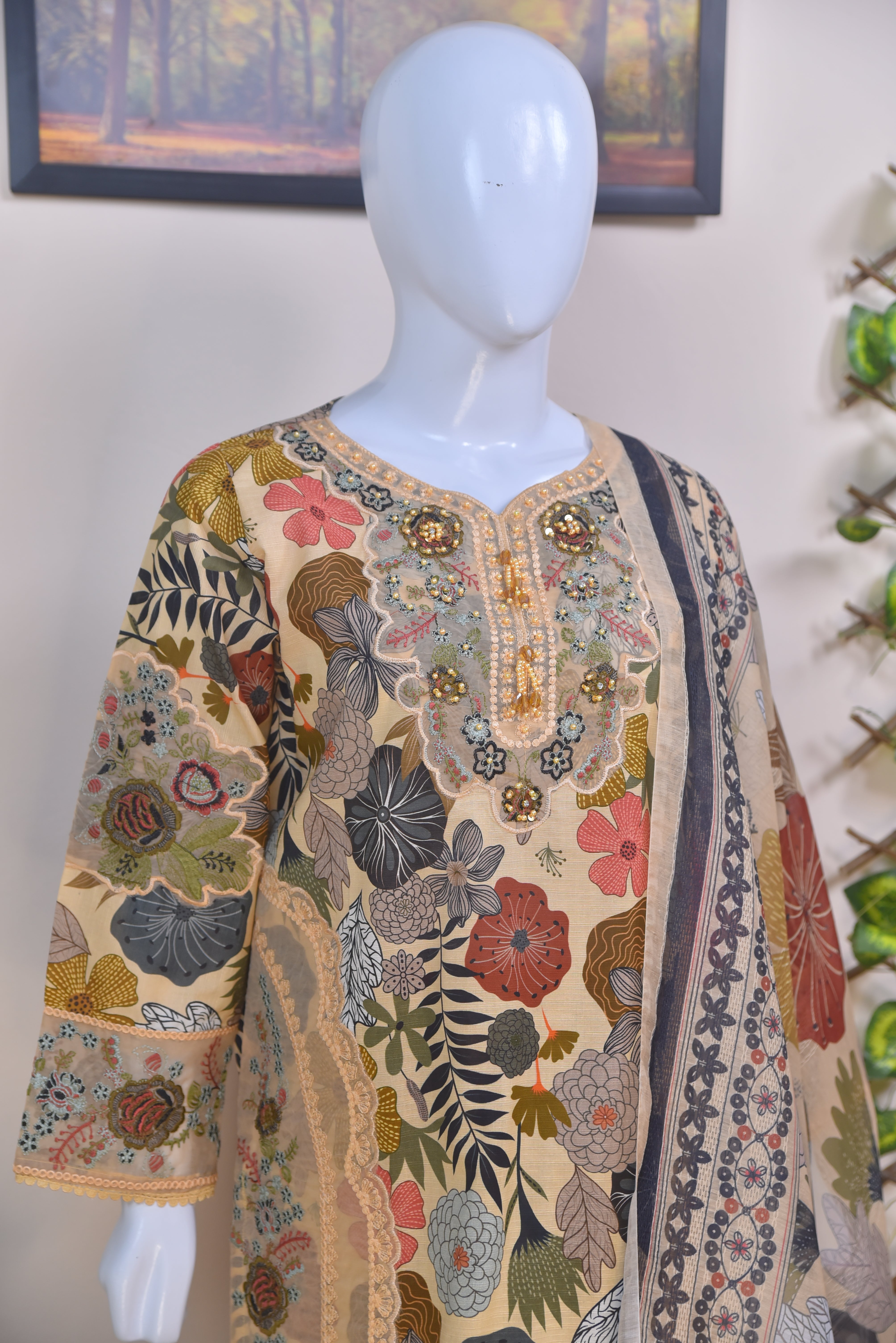 Digital Printed Cotton 3-Piece Suit with Embroidered Detailing