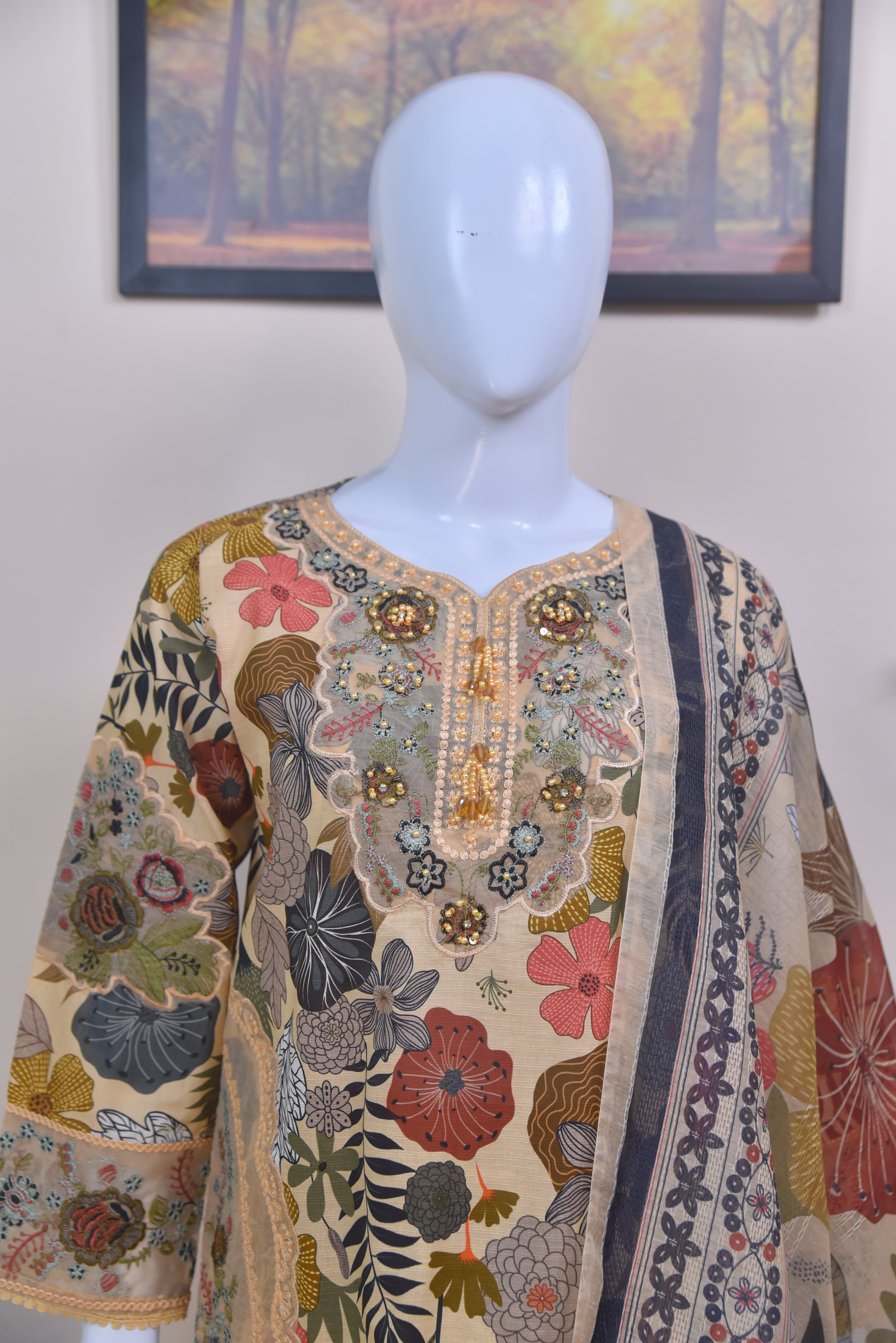 Digital Printed Cotton 3-Piece Suit with Embroidered Detailing