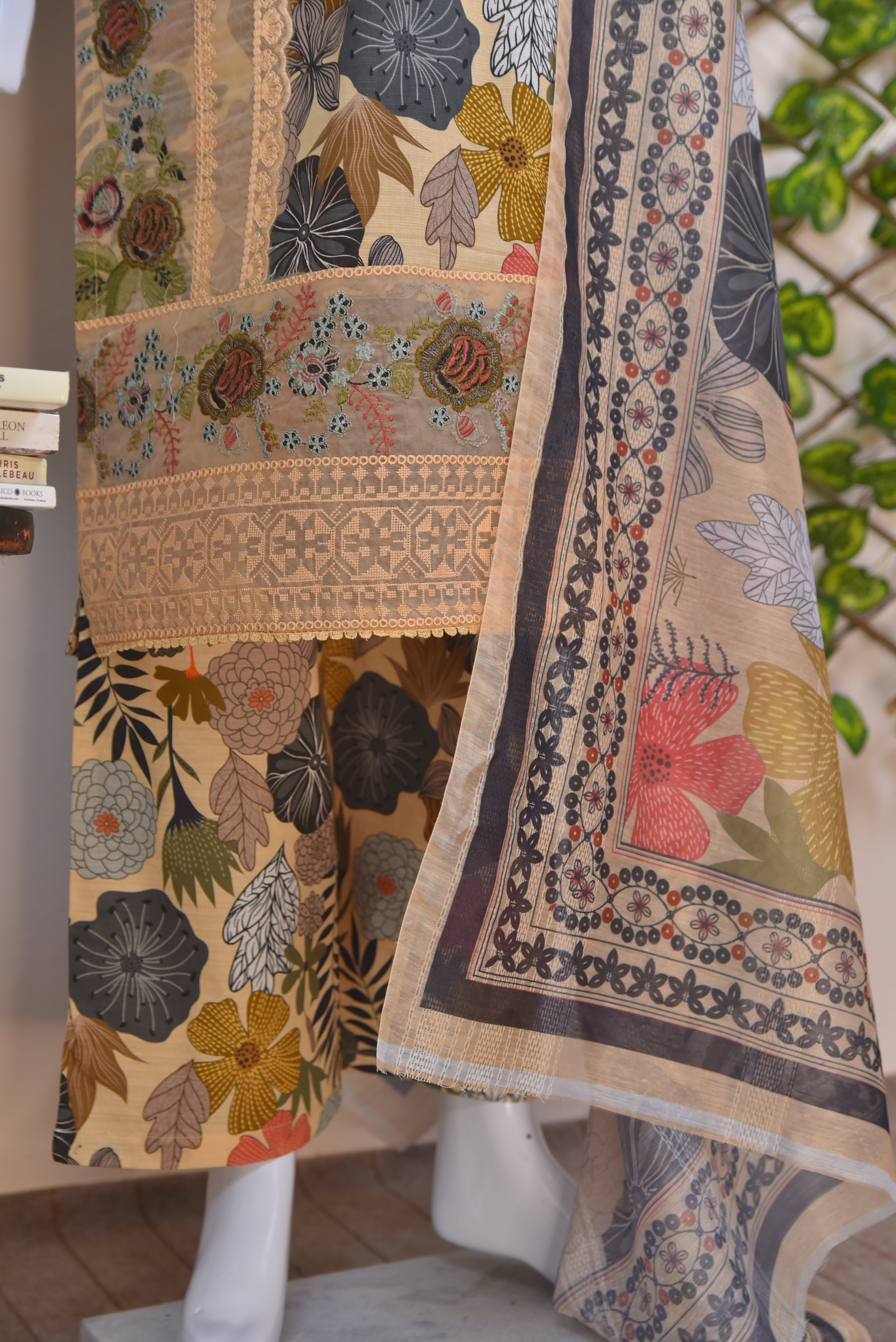 Digital Printed Cotton 3-Piece Suit with Embroidered Detailing