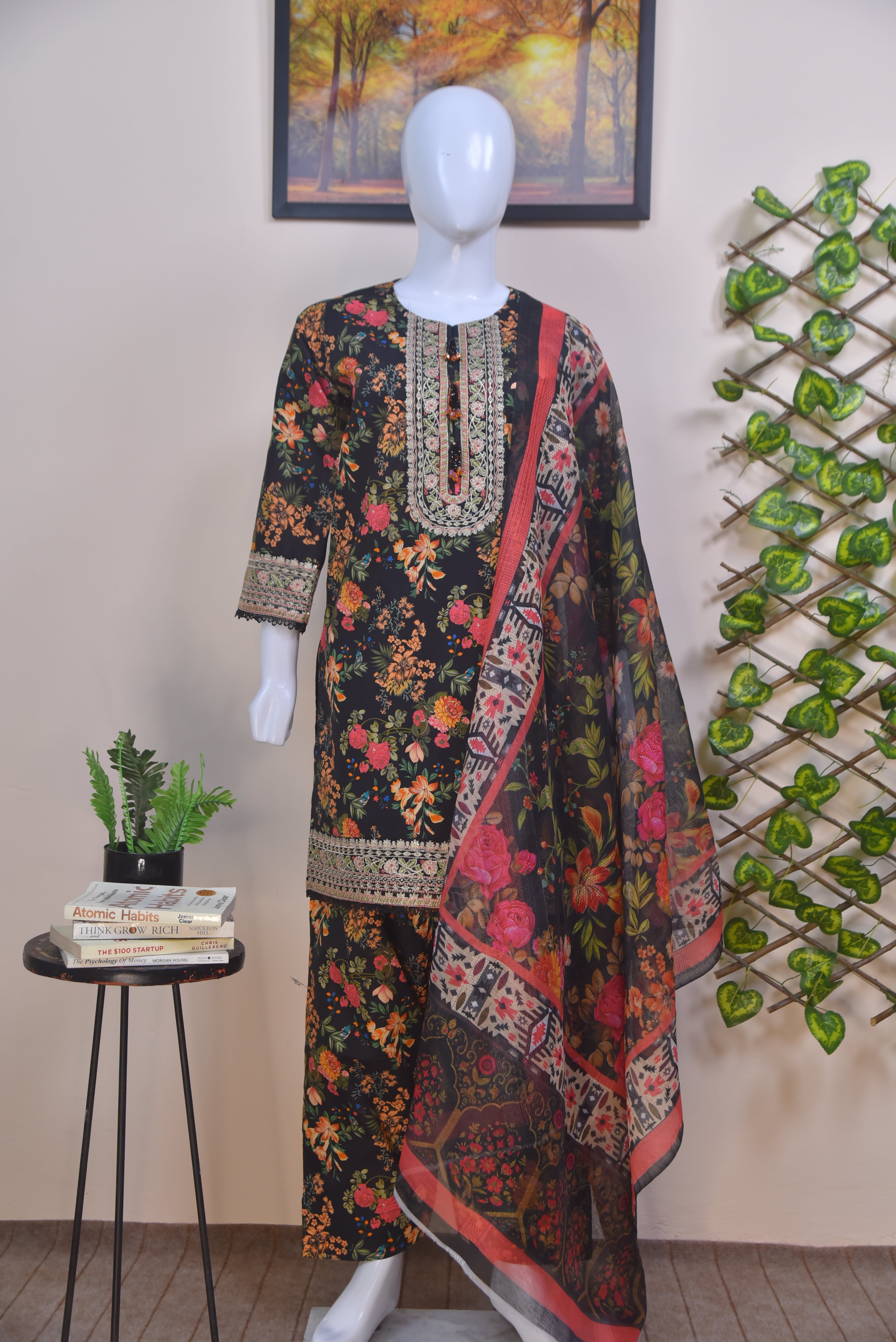 Embroidered Cotton 3-Piece black Suit with Farshi Shalwar