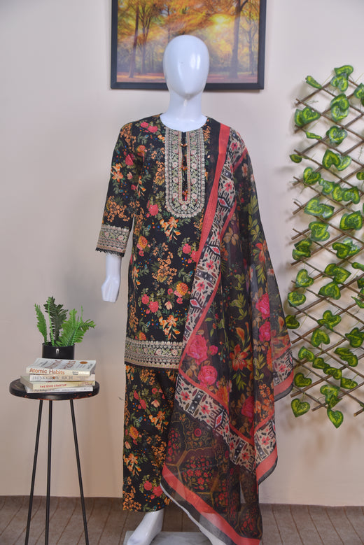 Embroidered Cotton 3-Piece black Suit with Farshi Shalwar
