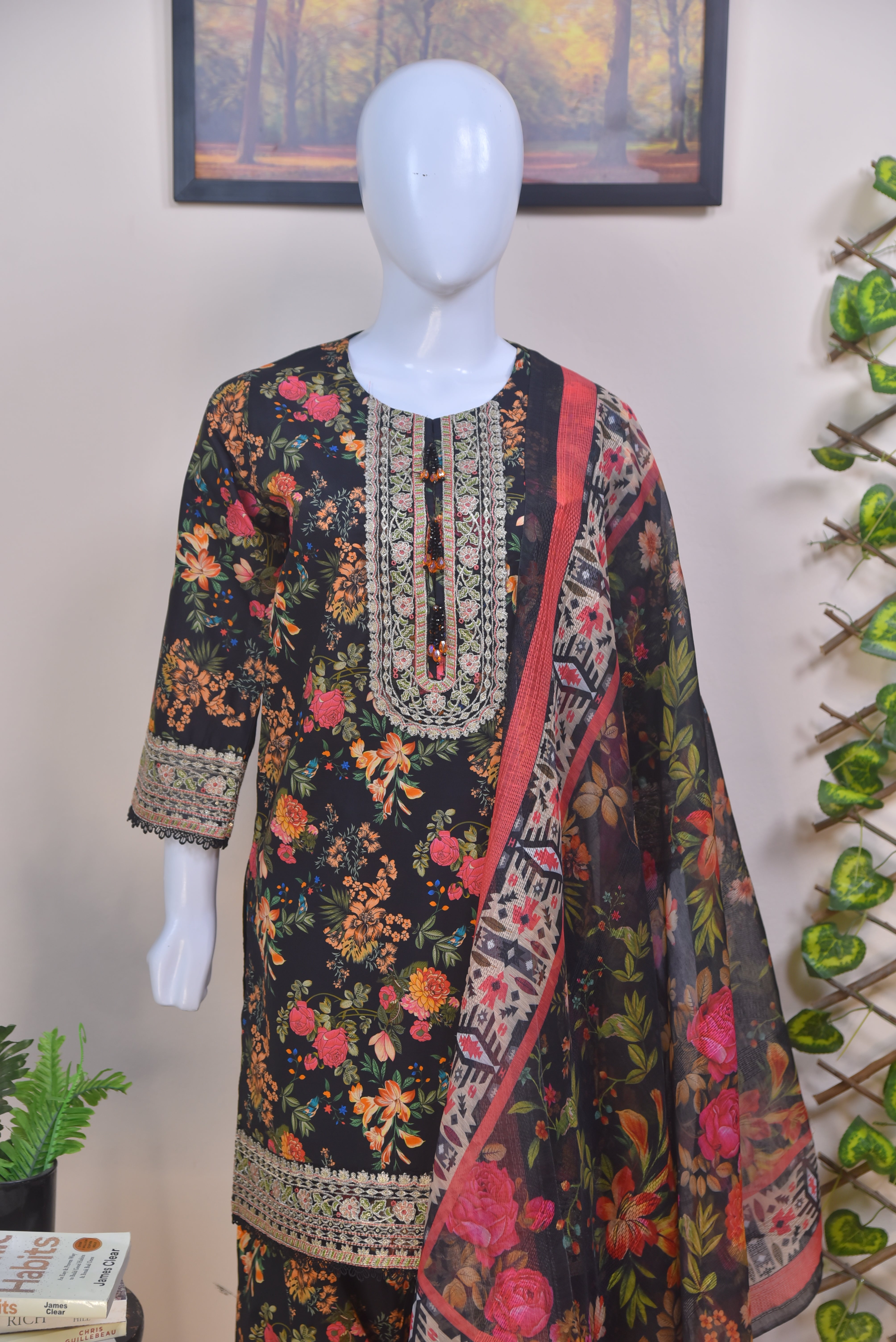 Embroidered Cotton 3-Piece black Suit with Farshi Shalwar