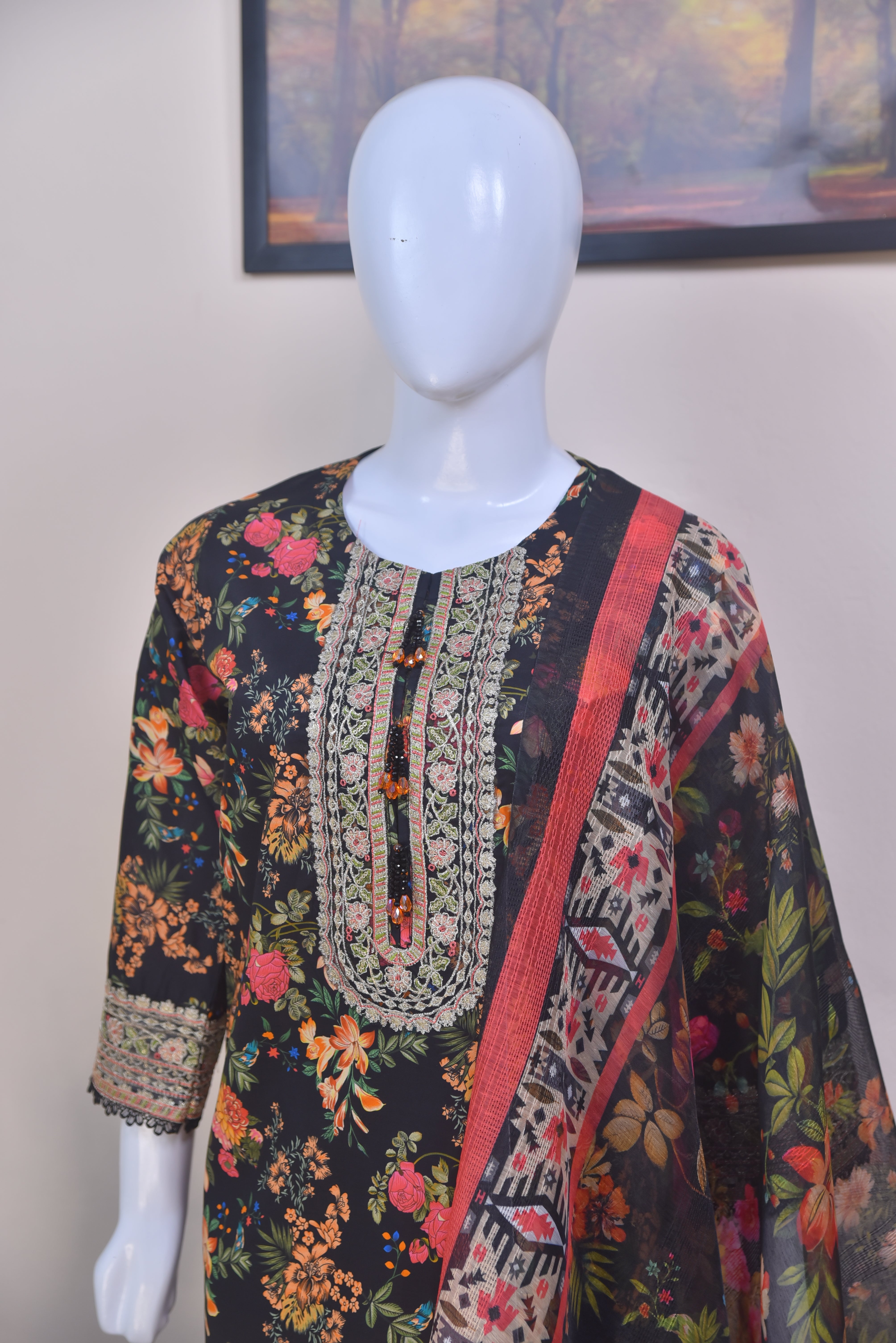 Embroidered Cotton 3-Piece black Suit with Farshi Shalwar