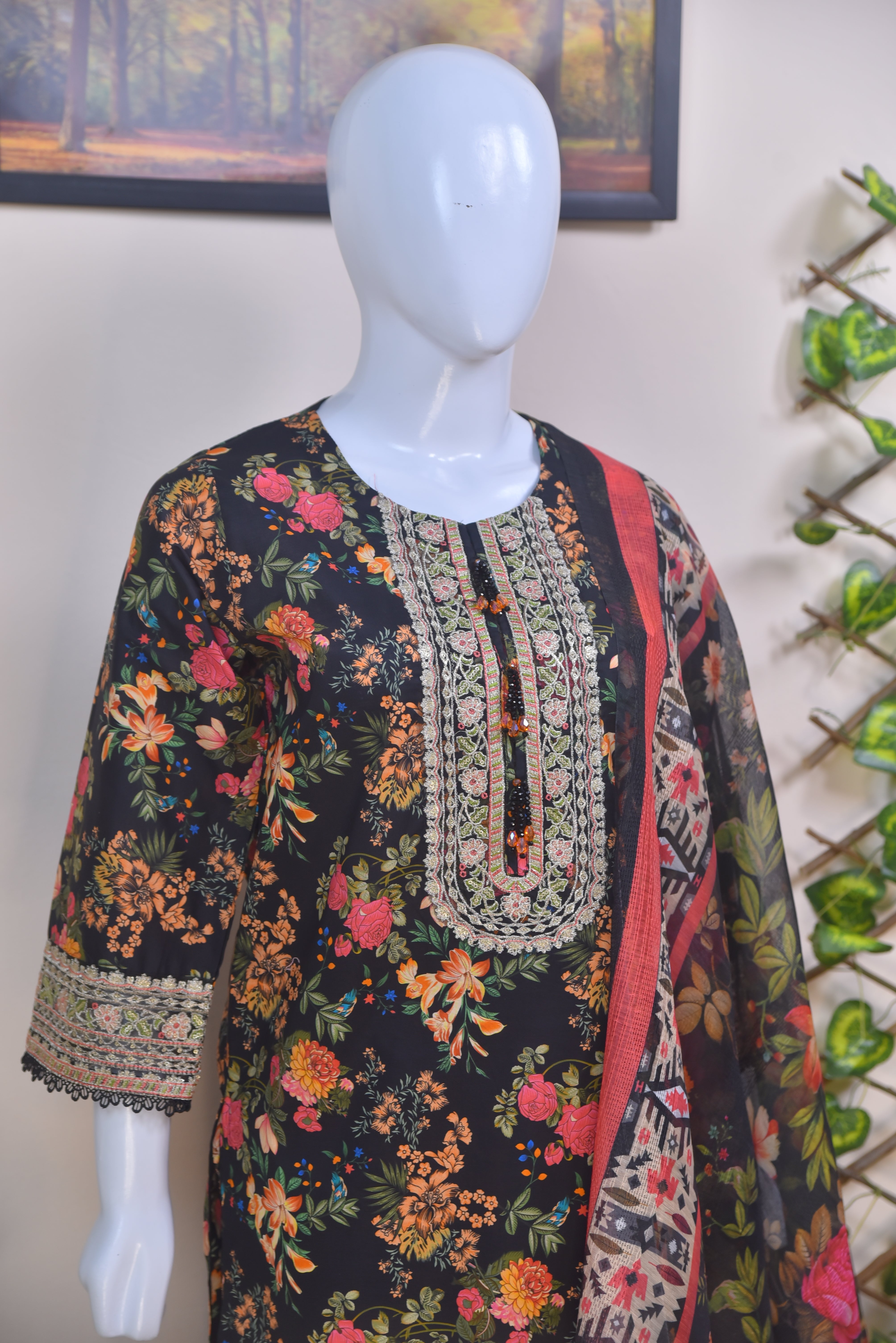 Embroidered Cotton 3-Piece black Suit with Farshi Shalwar