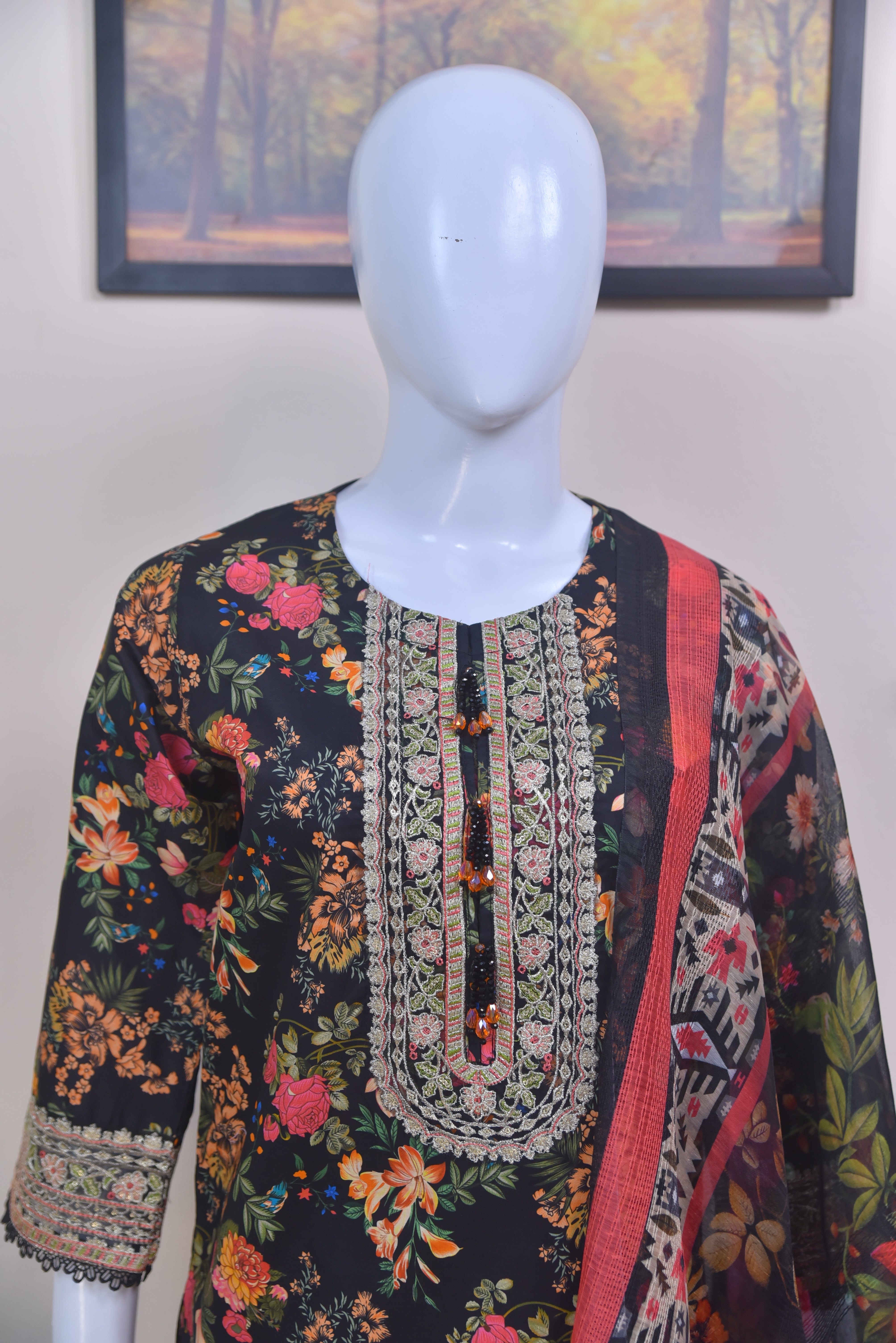 Embroidered Cotton 3-Piece black Suit with Farshi Shalwar