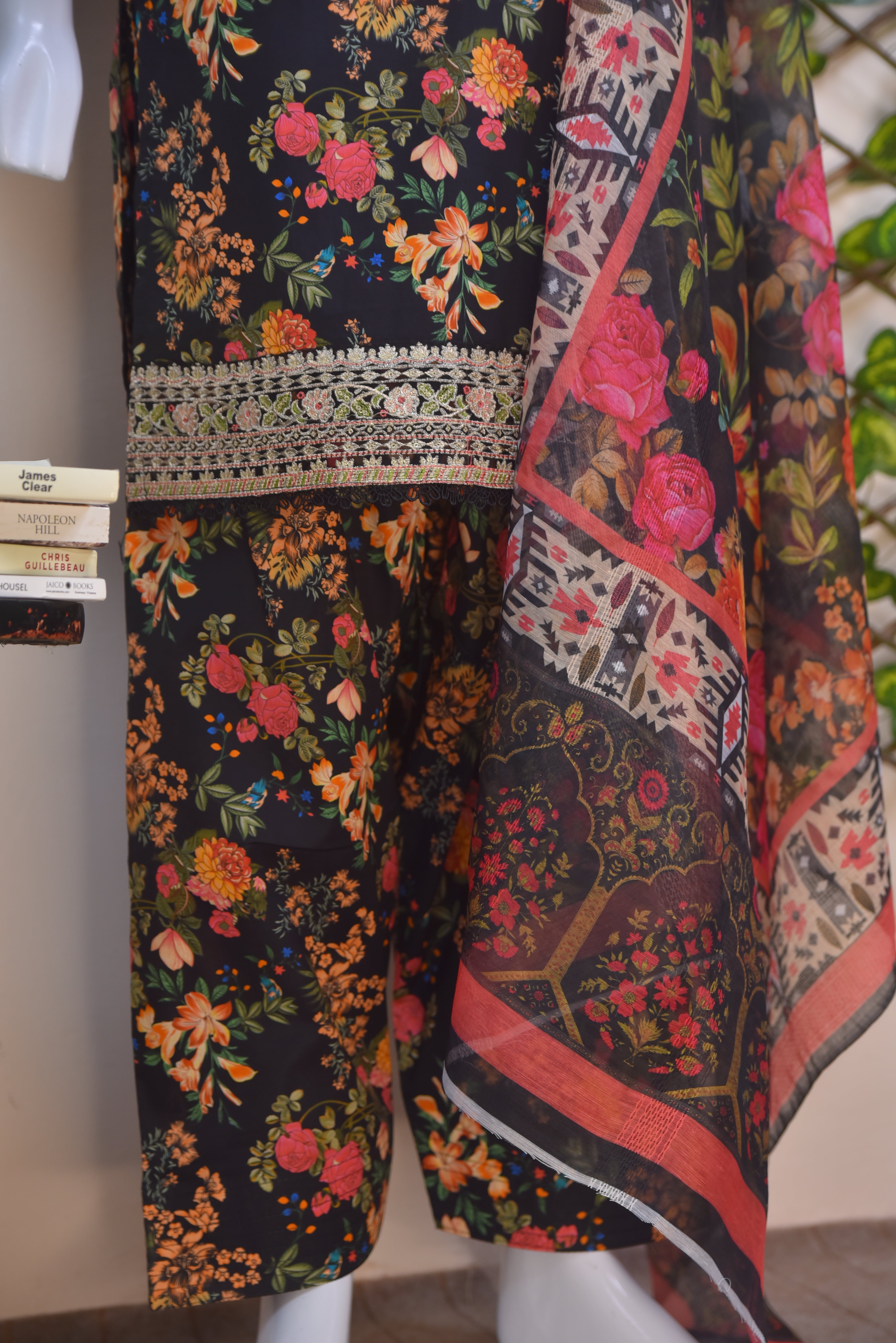 Embroidered Cotton 3-Piece black Suit with Farshi Shalwar