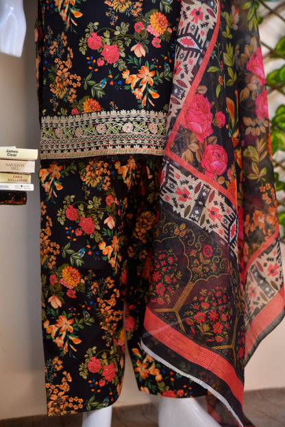 Luxury Embroidered Cotton 3PC with Farshi Shalwar
