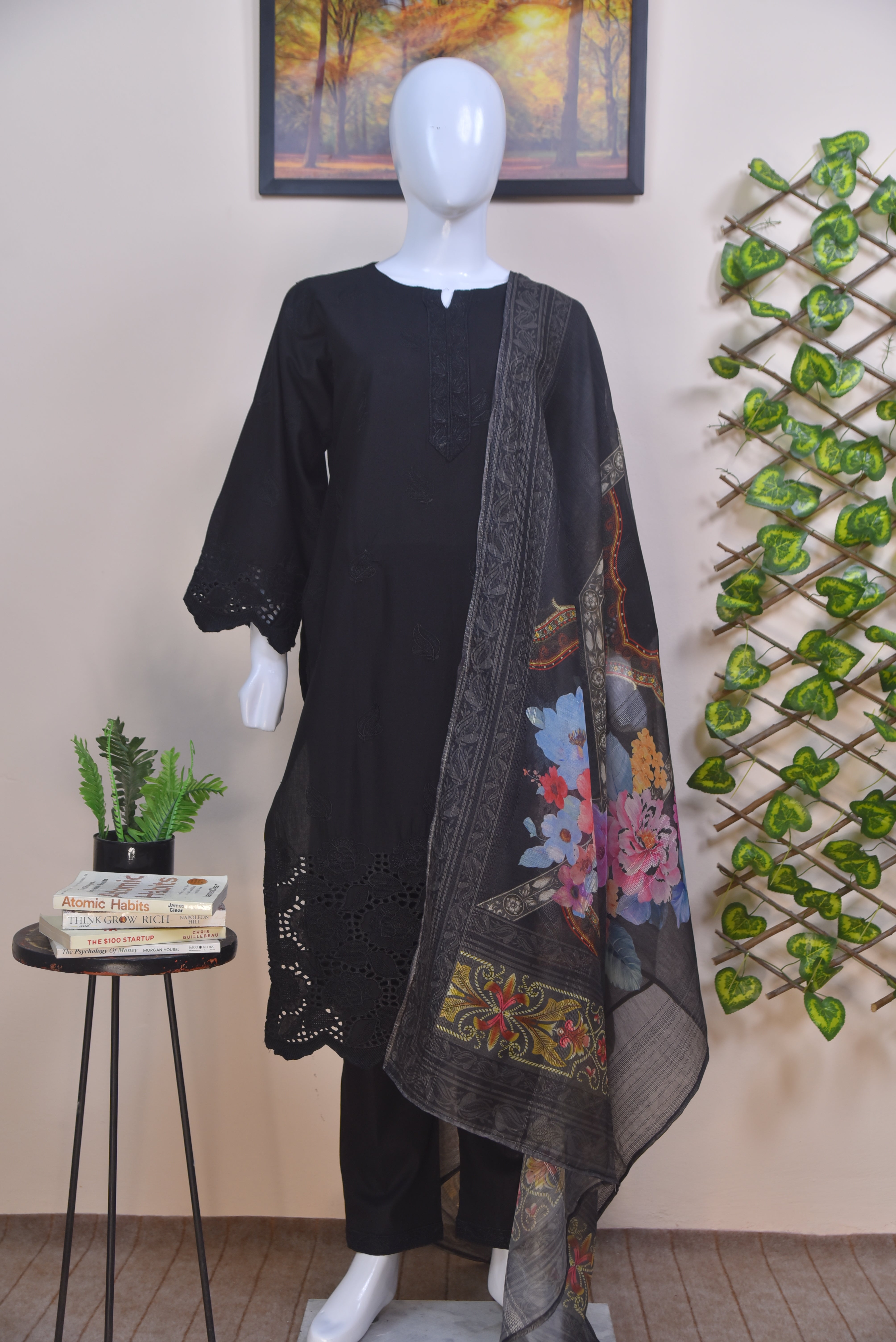 Embroidered Cotton 3PC Piece Suit with Cutwork Daman & Digital Dupatta