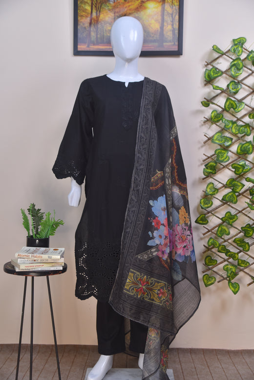 Embroidered Cotton 3PC Piece Suit with Cutwork Daman & Digital Dupatta