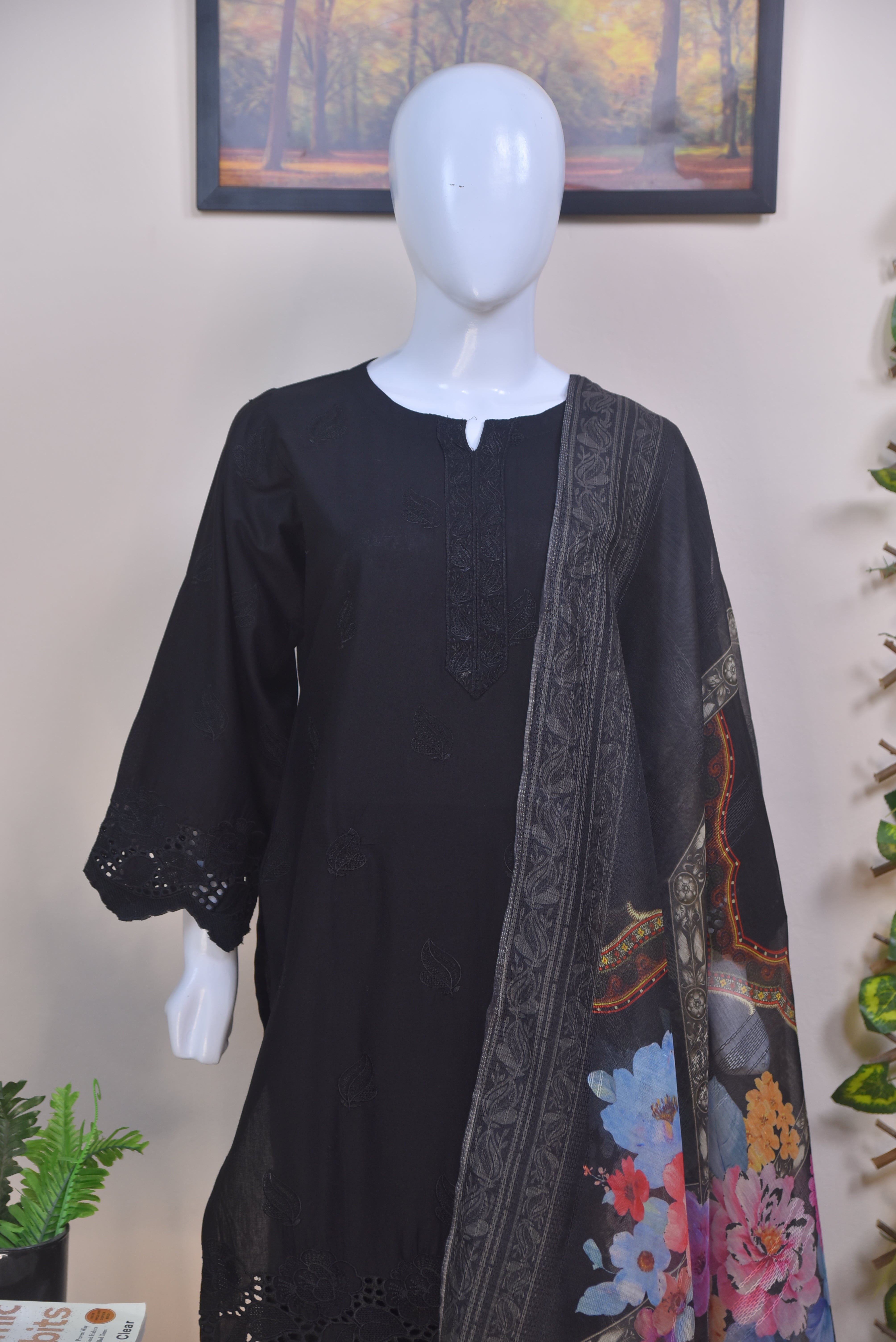 Embroidered Cotton 3PC Piece Suit with Cutwork Daman & Digital Dupatta