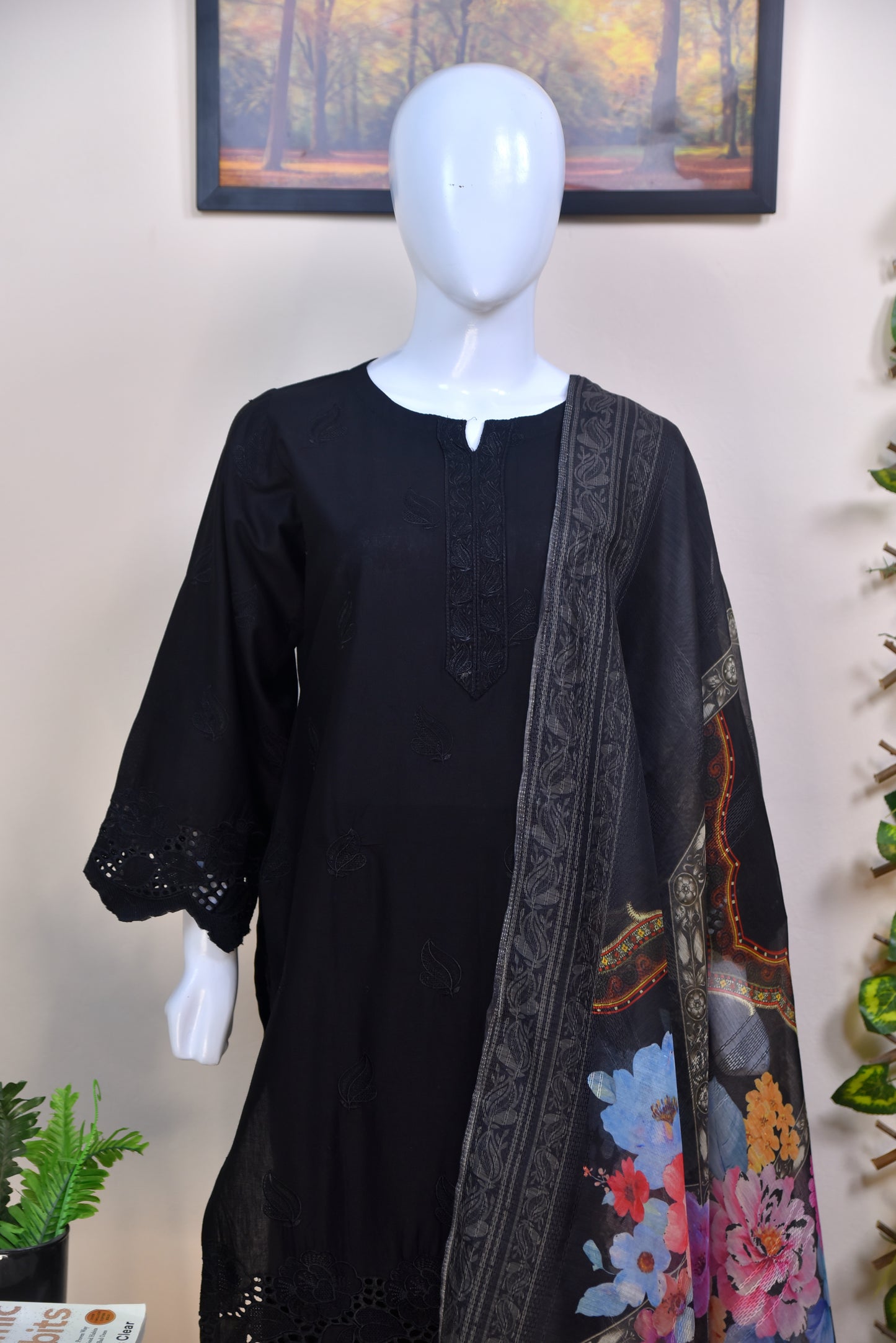 Luxury Embroidered Cotton 3PC Suit with Cutwork Daman & Digital Printed Dupatta