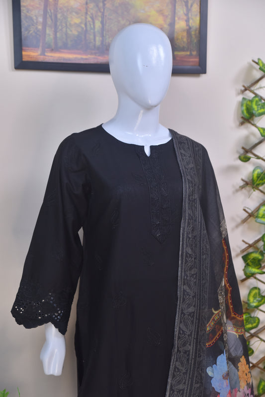 Luxury Embroidered Cotton 3PC Suit with Cutwork Daman & Digital Printed Dupatta