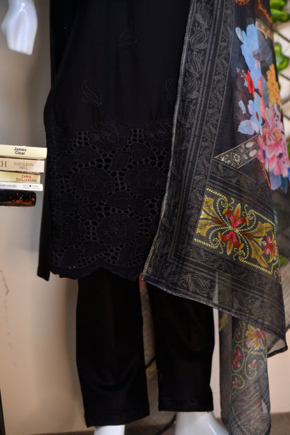 Luxury Embroidered Cotton 3PC Suit with Cutwork Daman & Digital Printed Dupatta