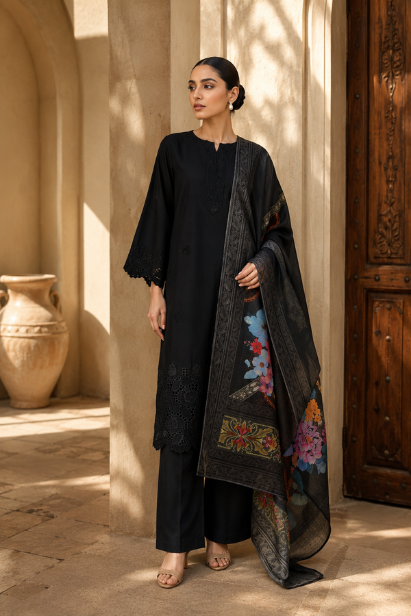 Luxury Embroidered Cotton 3PC Suit with Cutwork Daman & Digital Printed Dupatta