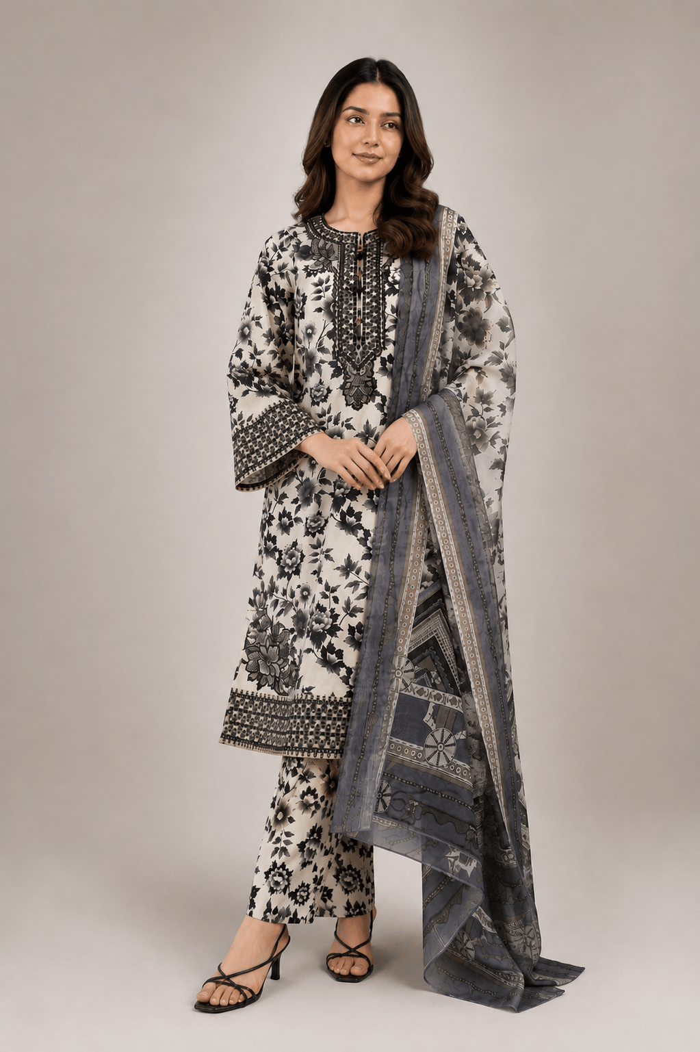 Cream and Black Printed Suit | 3-Piece - Rovaya