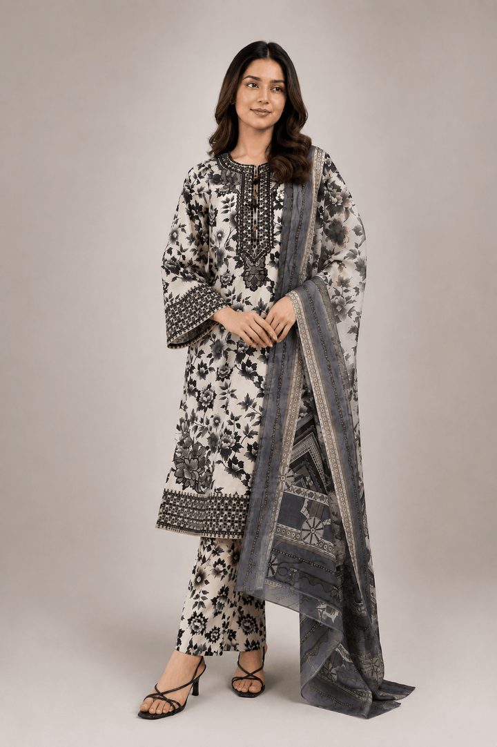 monochrome floral stitched suit
