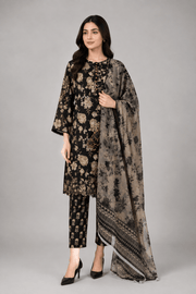 Black Floral Printed 3-Piece Lawn Suit for Women