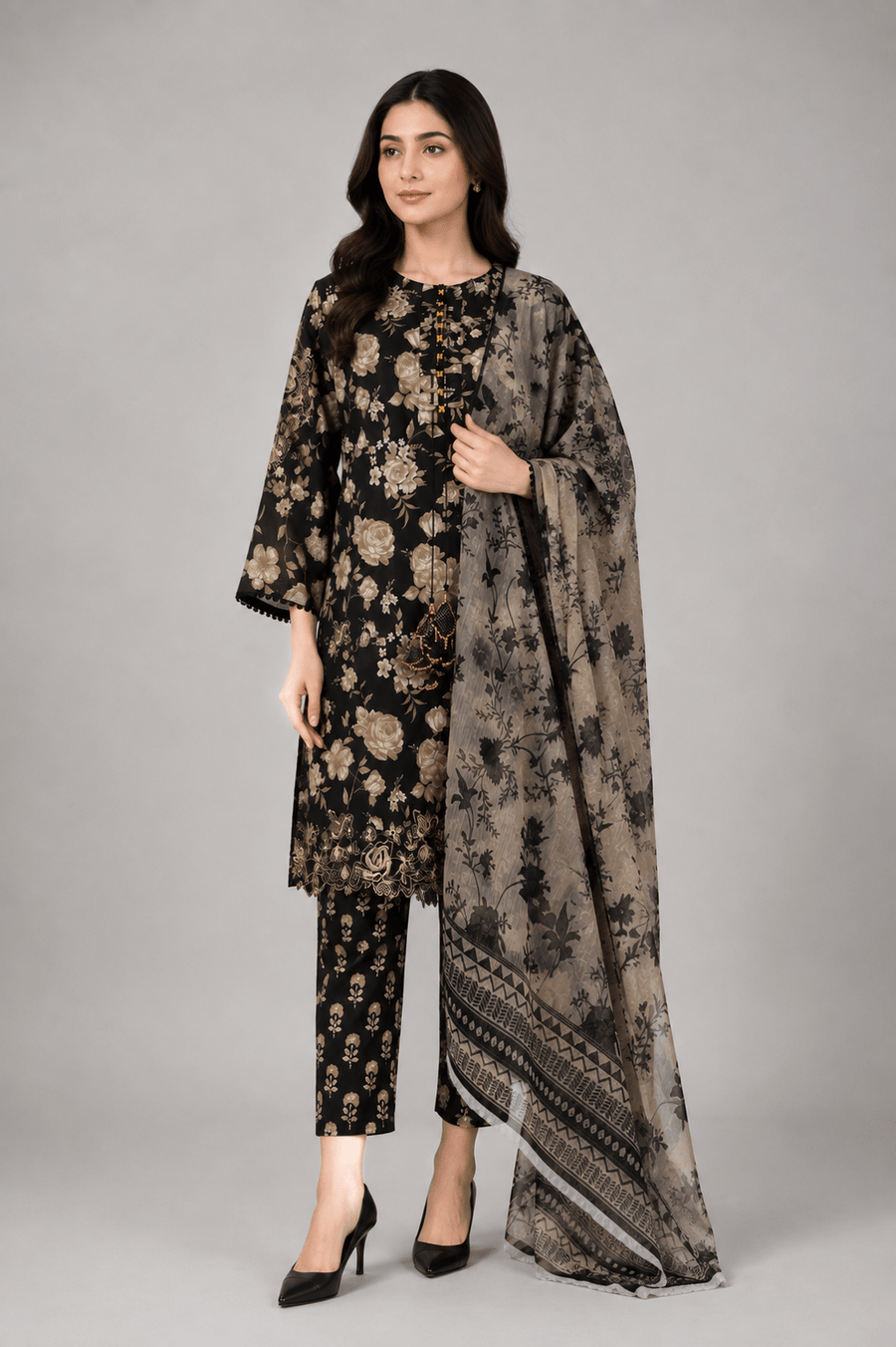 Black Floral Printed 3-Piece Lawn Suit for Women