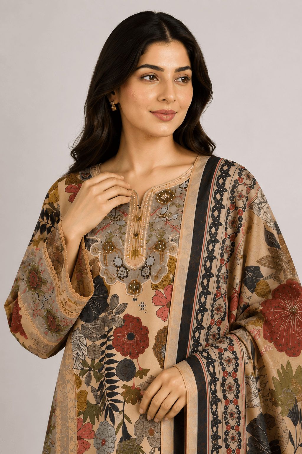 Tan Floral Printed Suit | 3-Piece - Rovaya