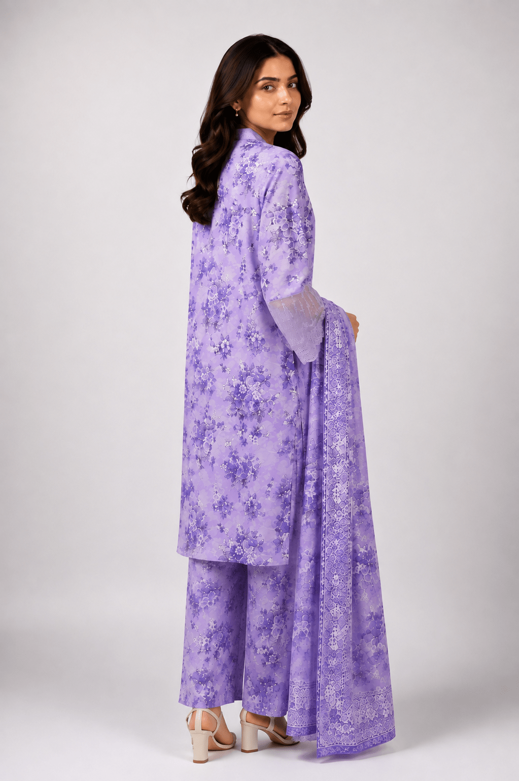 Purple Embroidered Suit with Lilac Floral Work - Rovaya