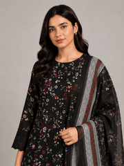 Black and Red Floral Printed 3-Piece Stitched Suit for Women