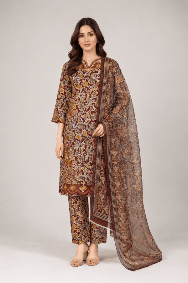 Maroon Printed Suit | 3-Piece - Rovaya