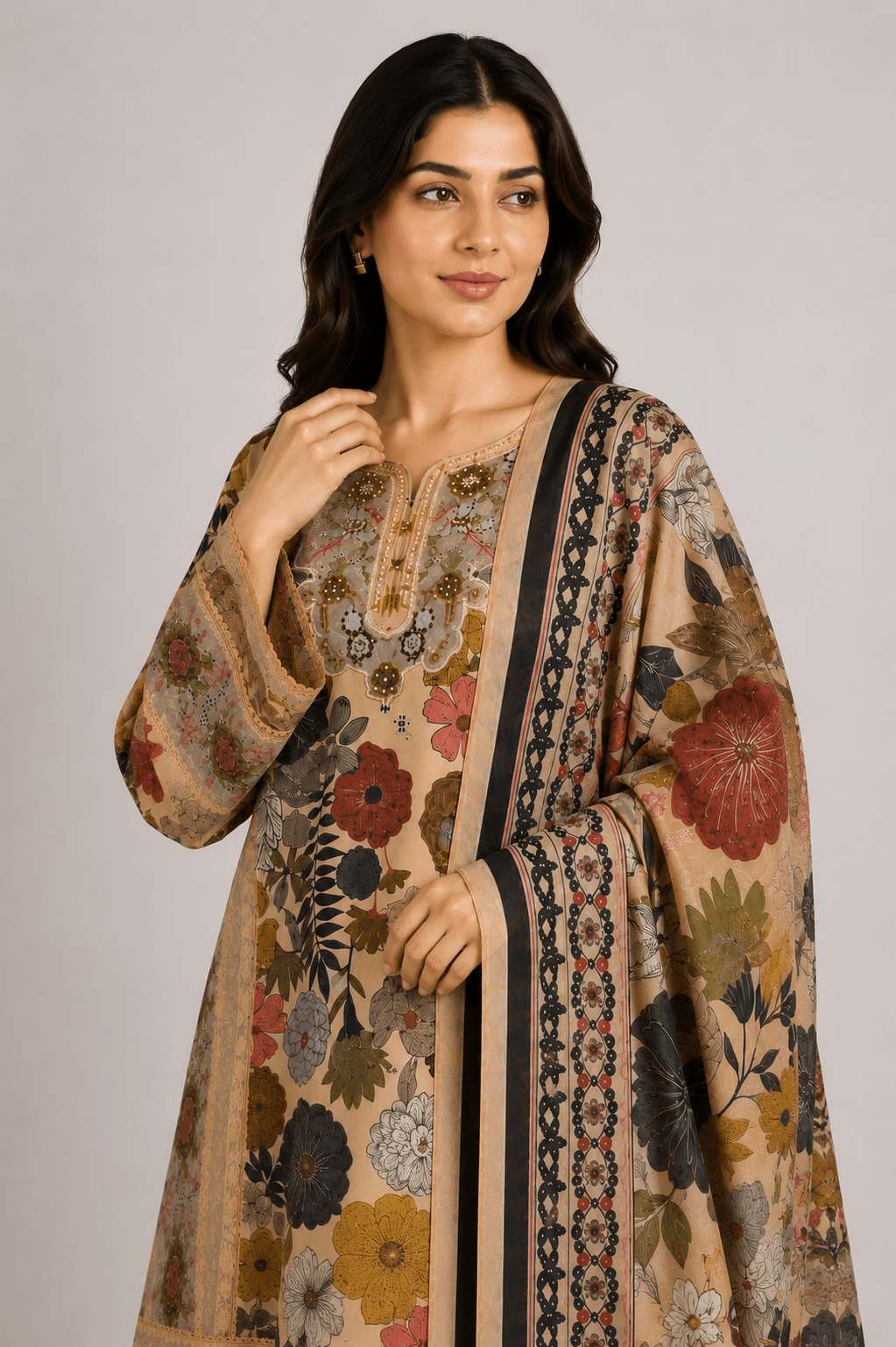 Tan Floral Printed Suit | 3-Piece - Rovaya