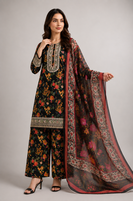 Black Multicolour Floral Suit | 3-Piece
