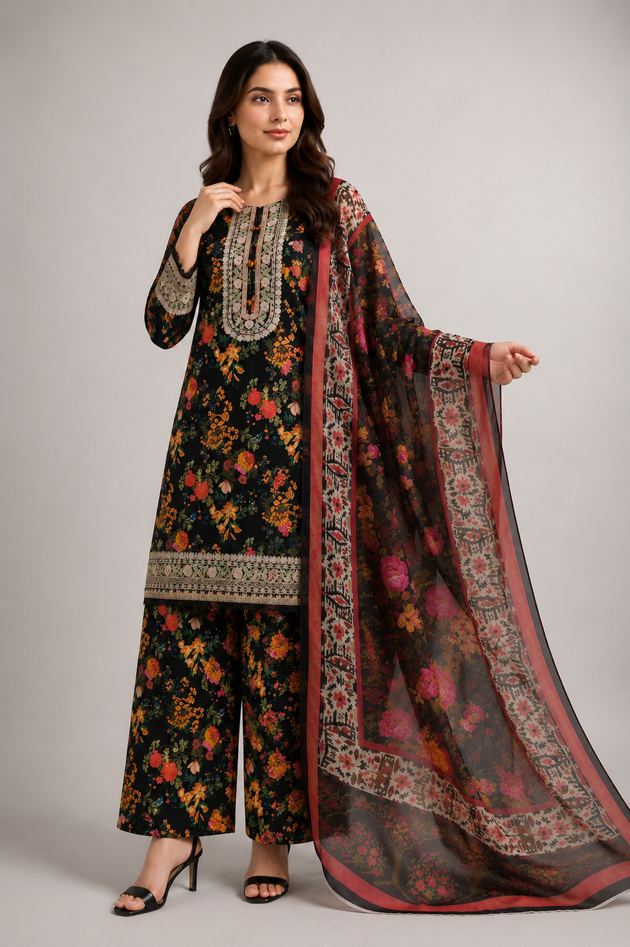 Black Multicolour Floral Suit | 3-Piece