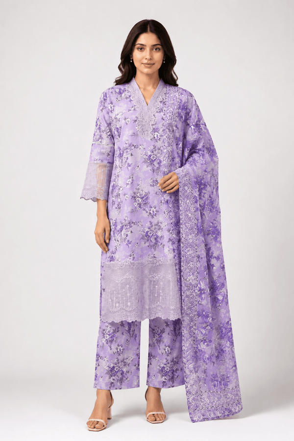 Purple Embroidered Suit with Lilac Floral Work - Rovaya