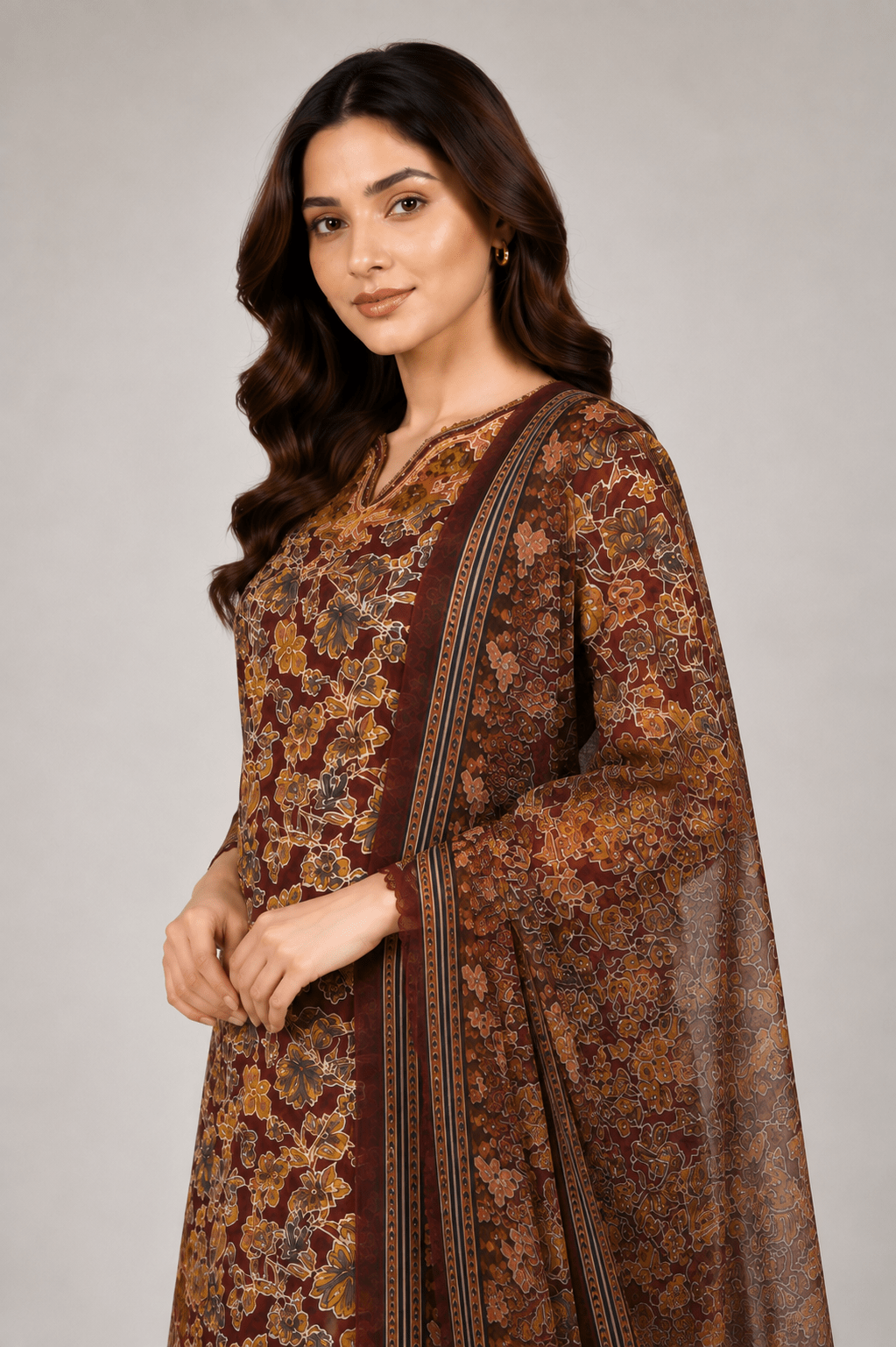 Maroon Printed Suit | 3-Piece - Rovaya