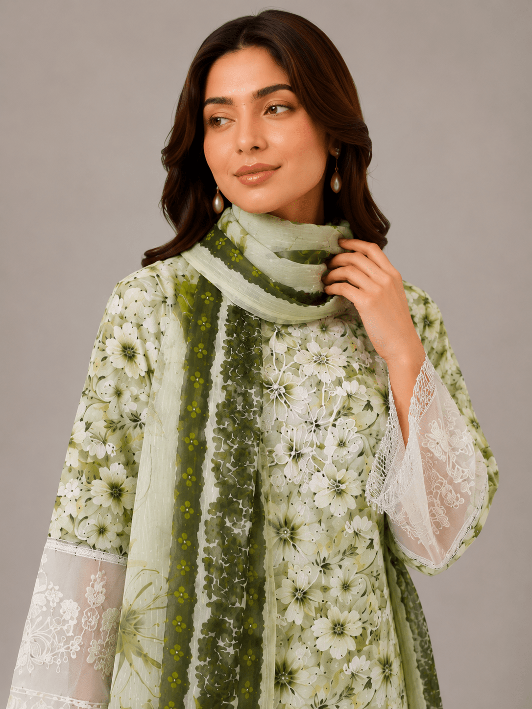White Embroidered Suit with Green Floral Work | 3-Piece