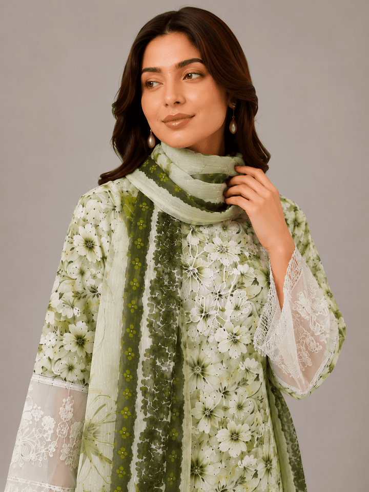 White and Green Floral Embroidered 3-Piece Stitched Suit for Women