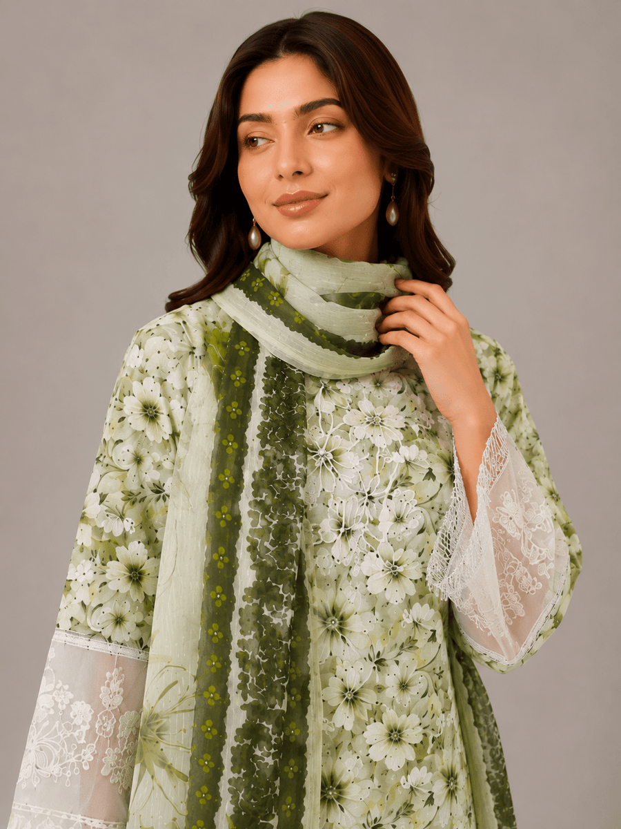 White and Green Floral Embroidered 3-Piece Stitched Suit for Women