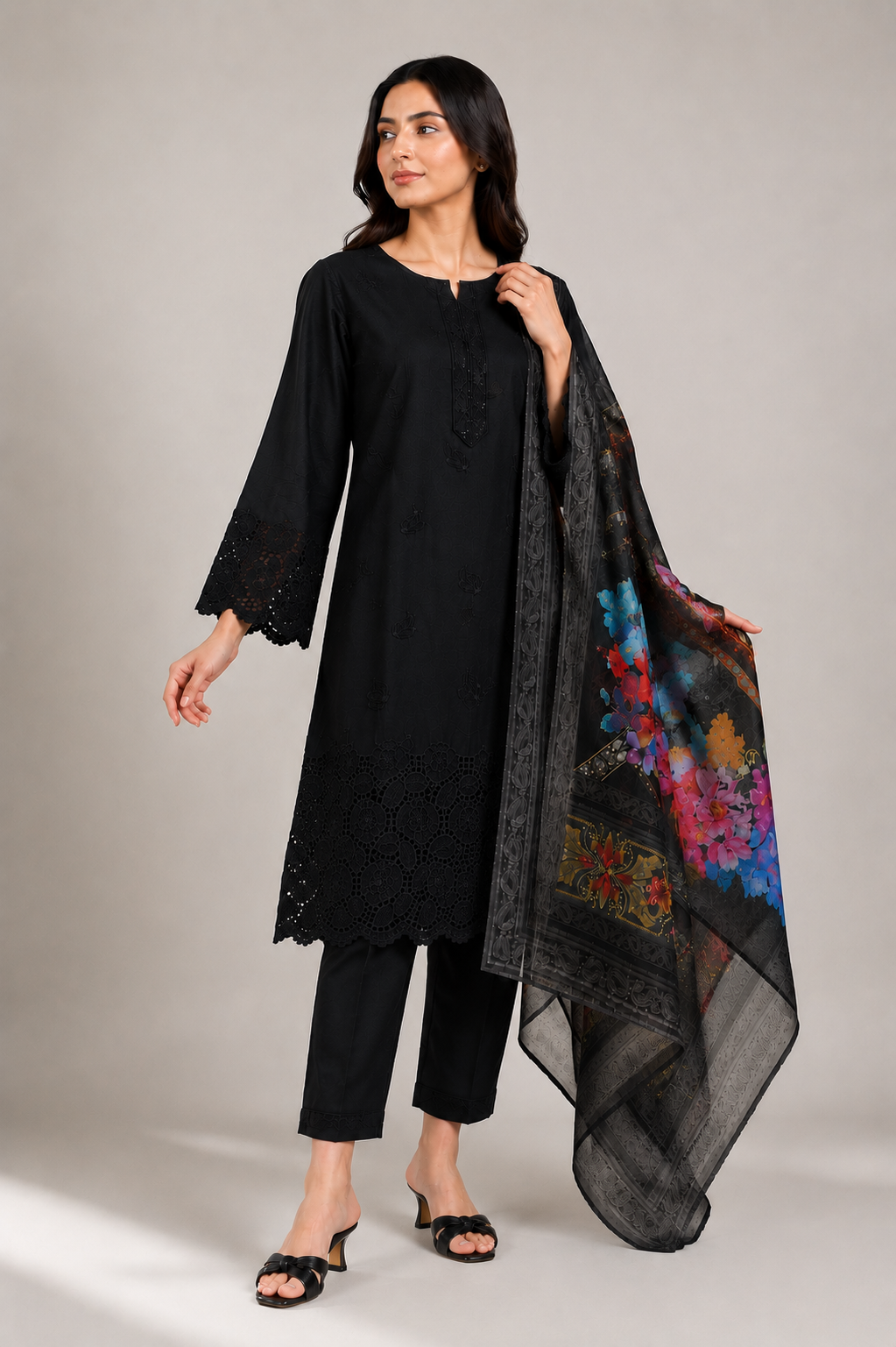 Black Suit with Printed Dupatta | 3-Piece