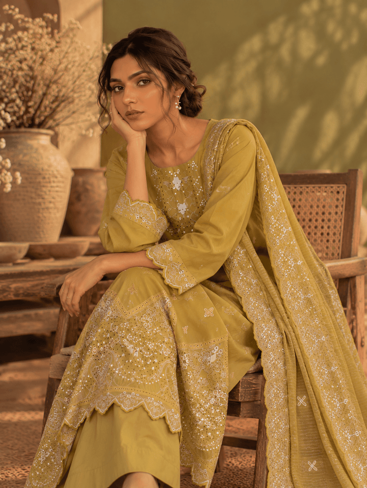 mustard embroidered stitched suit