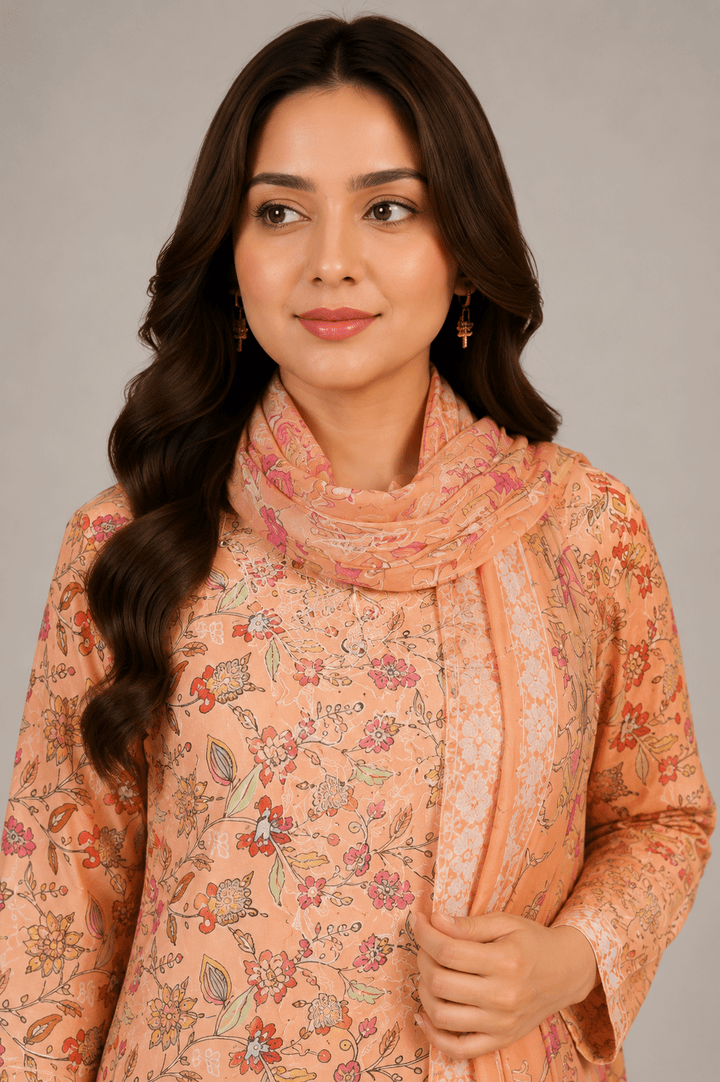 Peach Multicolour Floral Printed 3-Piece Stitched Suit for Women