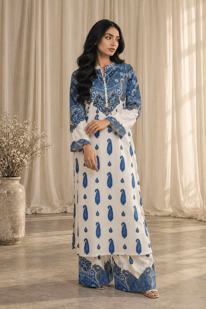 blue paisley print stitched suit