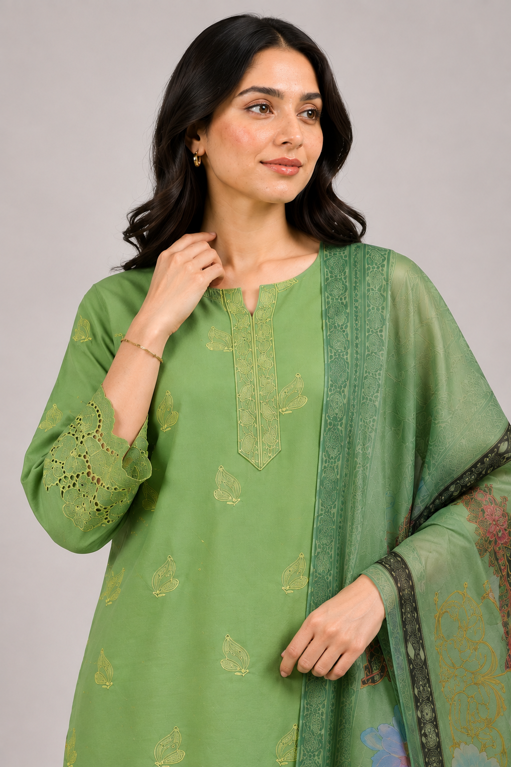 Green Suit with Printed Dupatta | 3-Piece