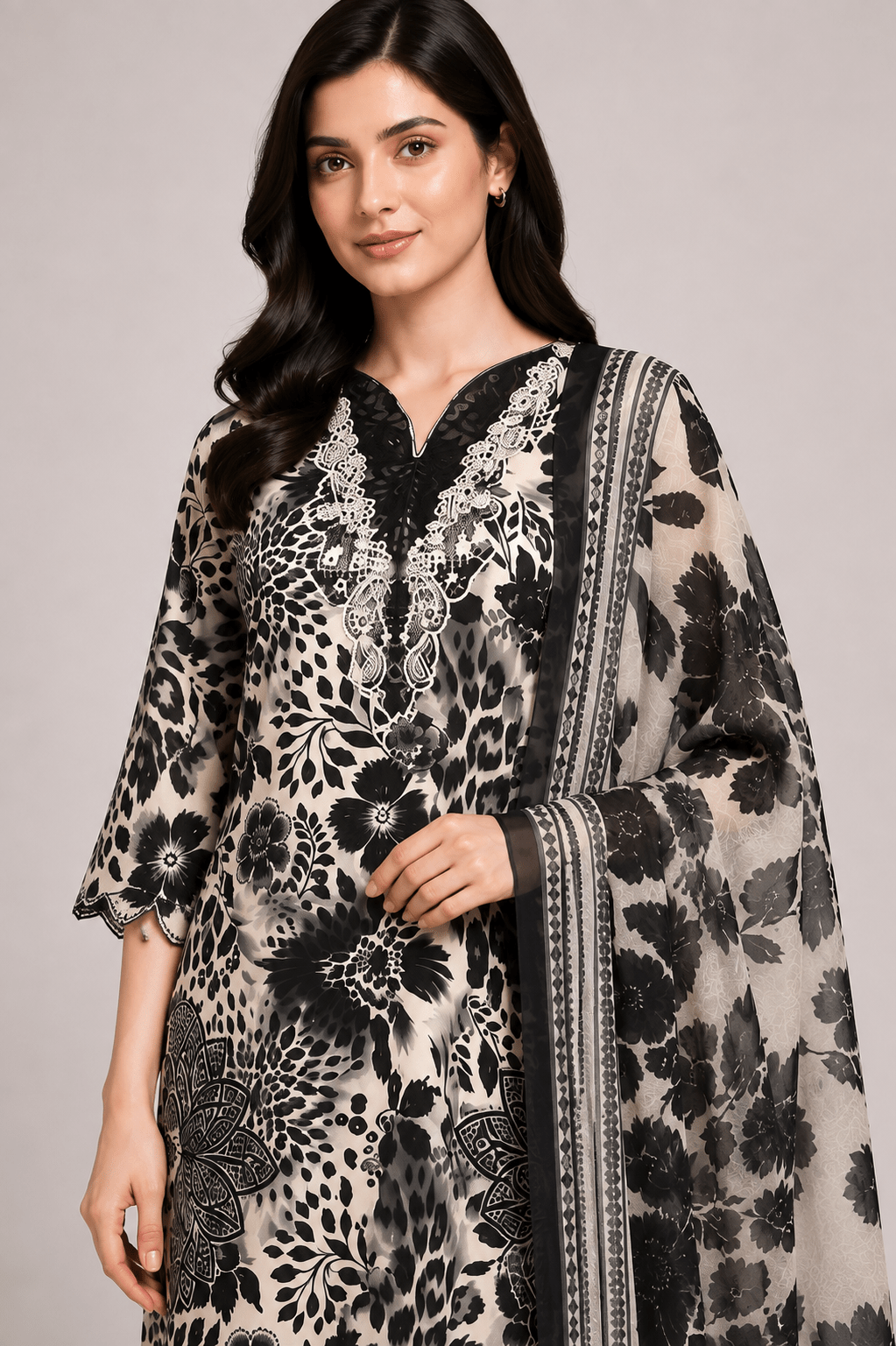 Black Printed Embroidered Suit with Cream Floral | 3-Piece - Rovaya