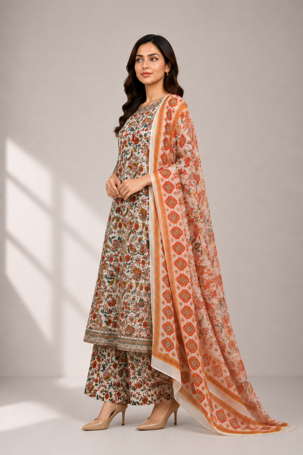 Cream Floral Printed Suit | 3-Piece