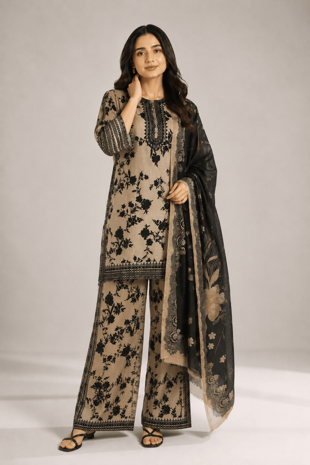 Beige Printed Embroidered Suit | 3-Piece - Rovaya