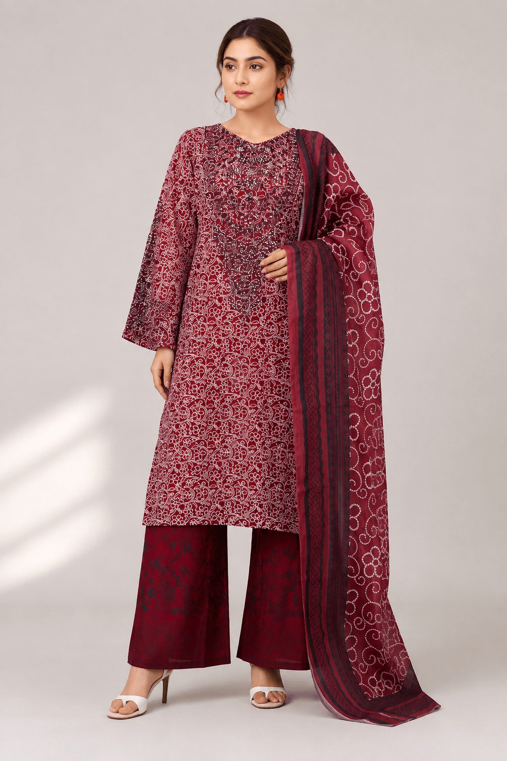 Maroon Printed Embroidered Suit | 3-Piece